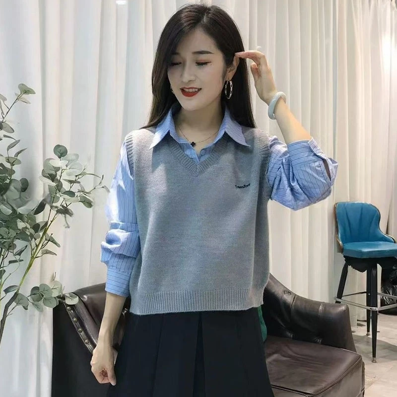 时尚减龄针织背心衬衫女2025年春秋季新款胖mm遮肉显瘦假两件上衣