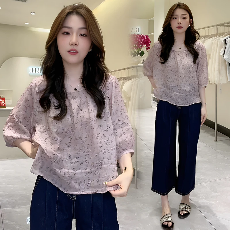 时尚休闲雪纺衫碎花衬衫女2024夏季新款法式方领独特气质小衫衬衣