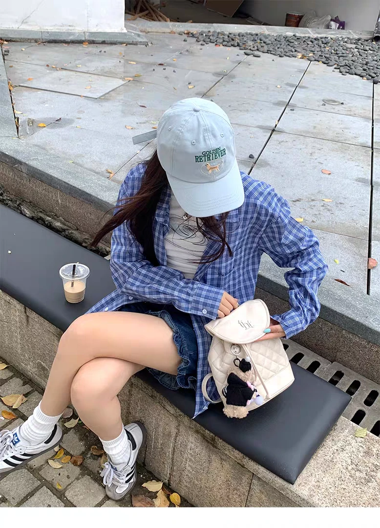 月老家 早秋 Cleanfit蓝格廓形长袖衬衫女宽松休闲衬衣防晒衫