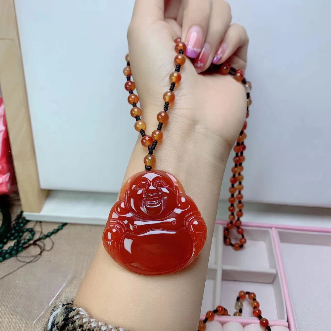 精品天然红玛瑙大佛公弥勒佛毛衣链114