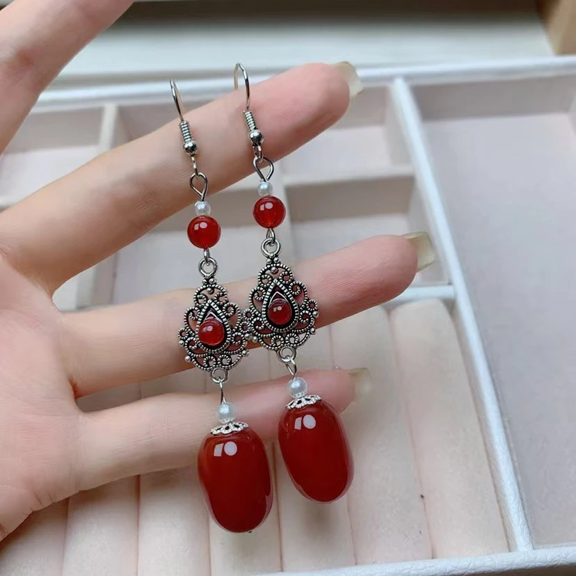 天然红玛瑙长款耳勾时尚气质复古女款 115