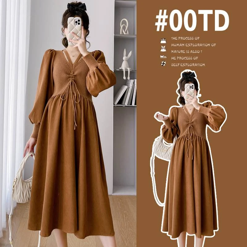 孕妇装孕妇装秋冬新款抽绳V领收腰气质长裙中长款大码连衣裙新款