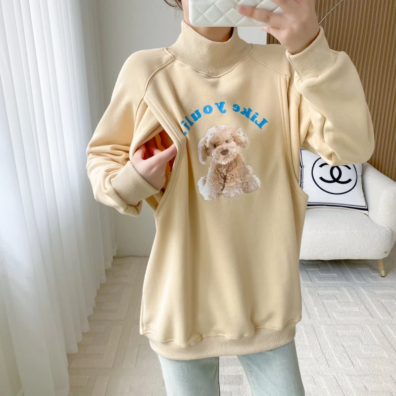 宝妈产后哺乳期秋冬加绒保暖上衣半高领加厚卡通冬季卫衣喂奶衣服