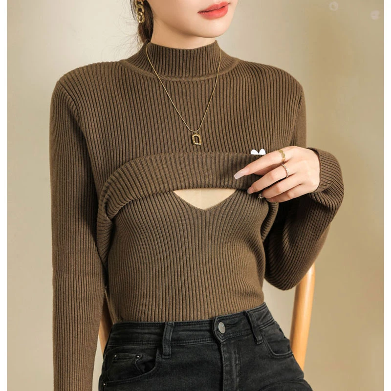 产后哺乳期秋冬款外出衣服半高领内搭上衣加厚保暖喂奶针织打底衫