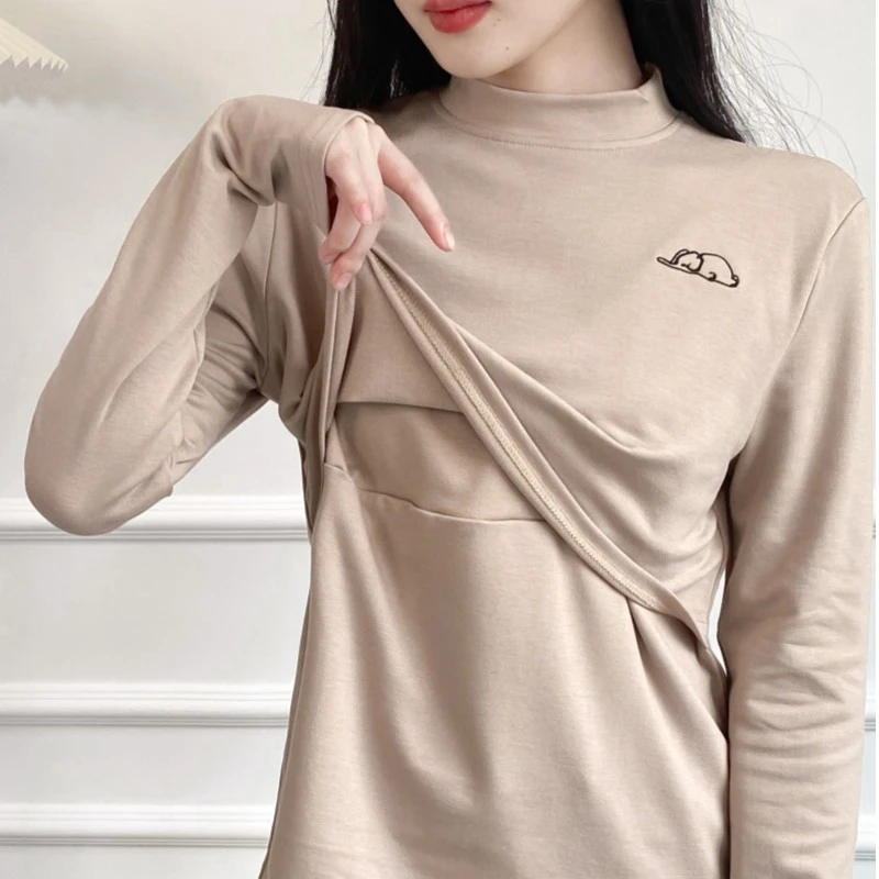 产后哺乳期妈妈春秋内搭上掀式打底衫时尚百搭上衣外穿月子喂奶衣