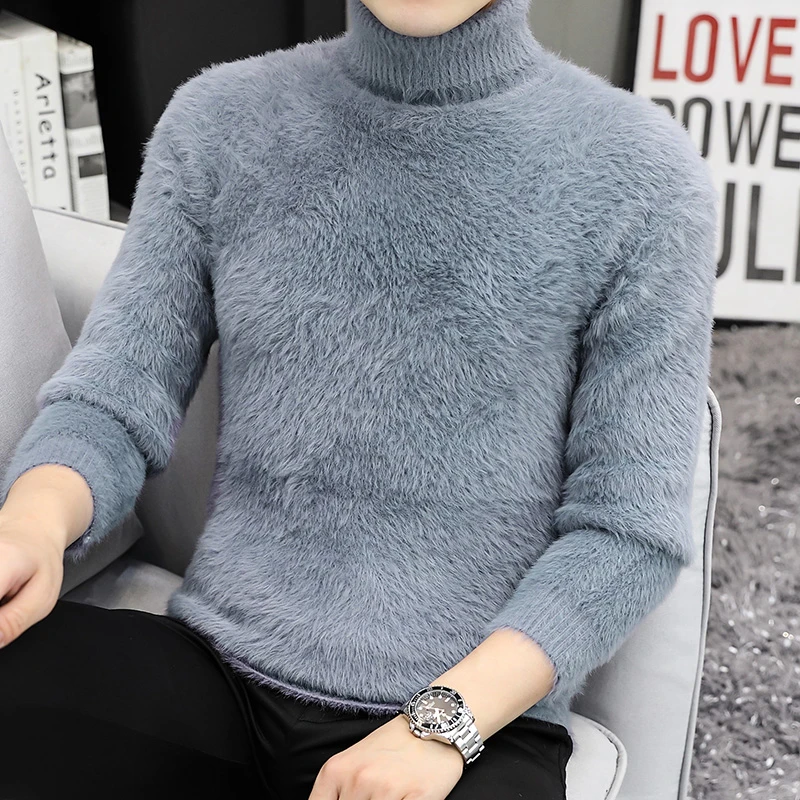 男士秋冬季水貂绒高领毛衣潮流保暖貂绒加厚修身打底针织衫上衣