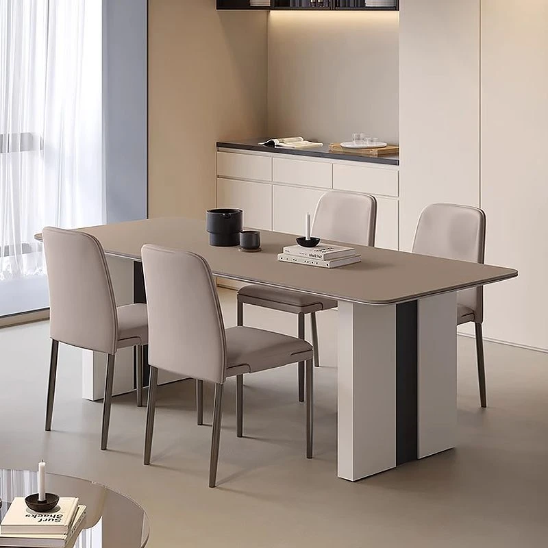 意式极简客厅家用咖棕色岩板餐桌椅组合现代简约小户型长方形饭桌