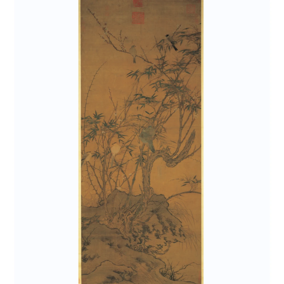 《梅竹聚禽图》临摹专用白描稿韩国绢高清喷绘45-103.4cm