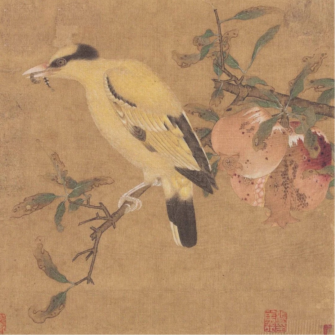 《榴枝黄鸟图》临摹课材料包:彩稿、线稿、绢、画框、颜料、胶、砚台