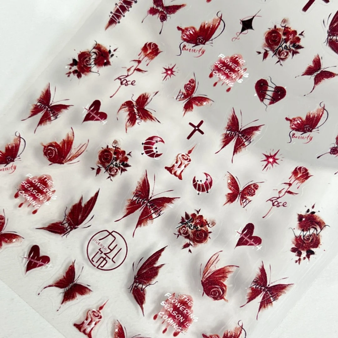 纯欲辣妹暗黑玫瑰红玫瑰3D浮雕立体美甲贴纸嗜血蝴蝶指甲贴装饰