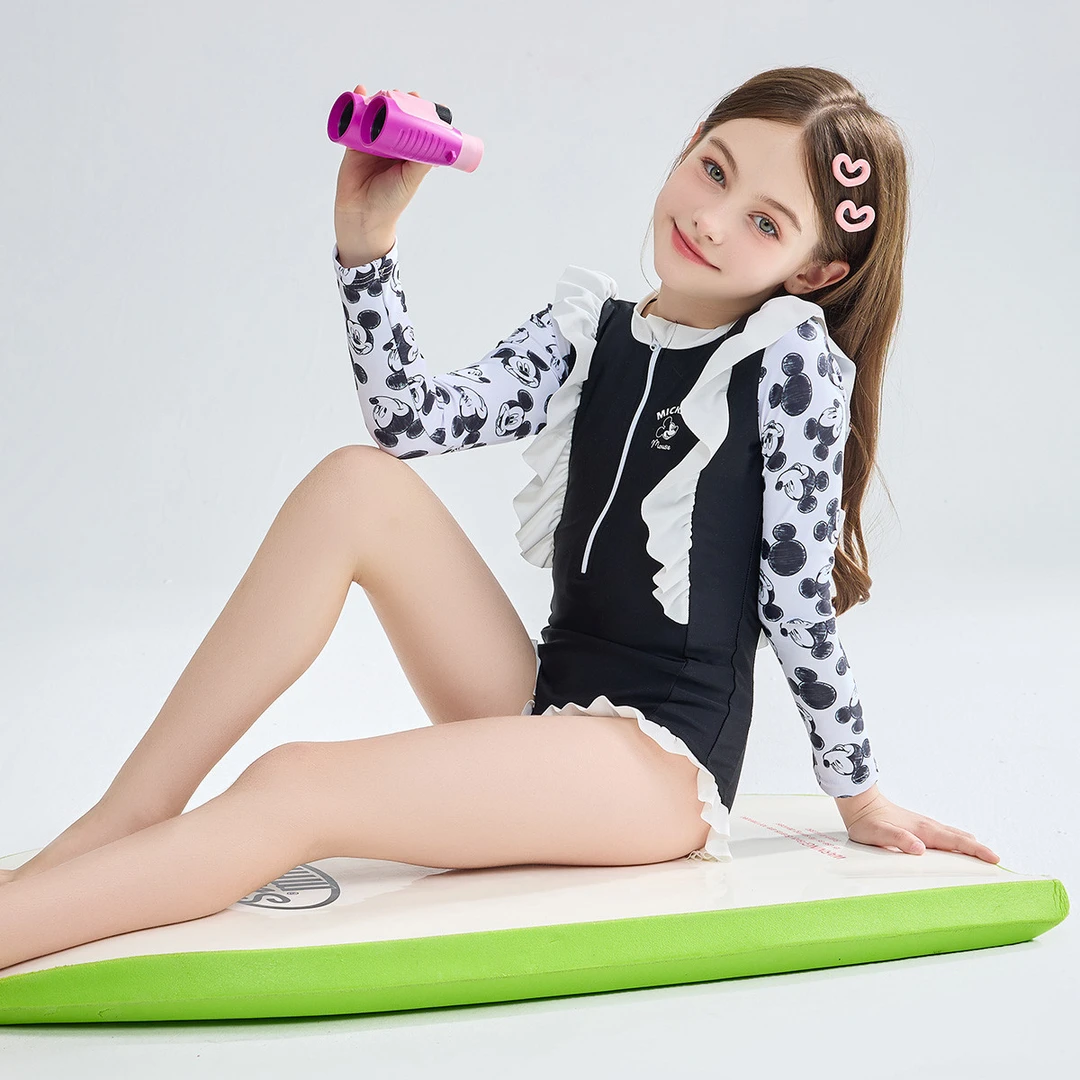 Disney/迪士尼【含泳帽】女童连体速干泳衣儿童卡通印花长袖泳装