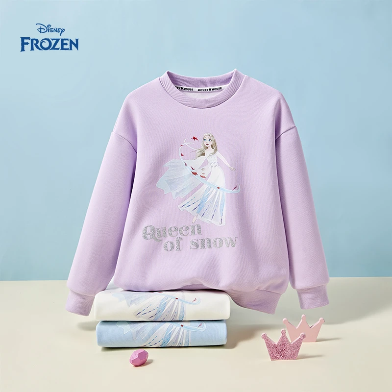 Disney/迪士尼艾莎女童春秋套头卫衣圆领长袖纯色休闲儿童上衣