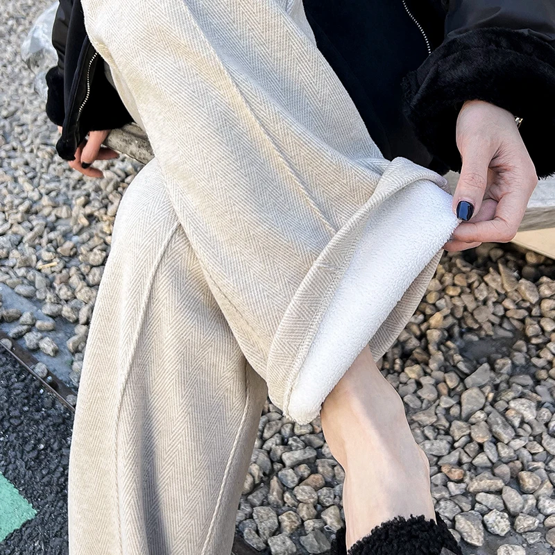 毛呢裤子女秋冬款加绒加厚显瘦2023新款高腰人字纹直筒窄版阔腿裤