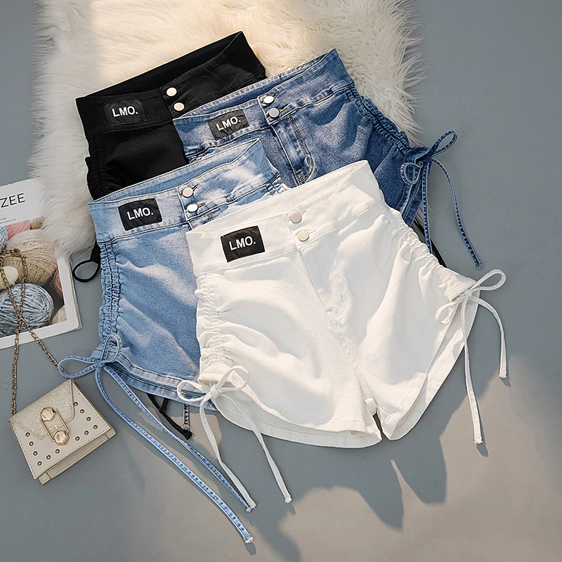 显瘦牛仔短裤夏季高腰薄款休闲宽松百搭修身女款抽绳设计感短裤