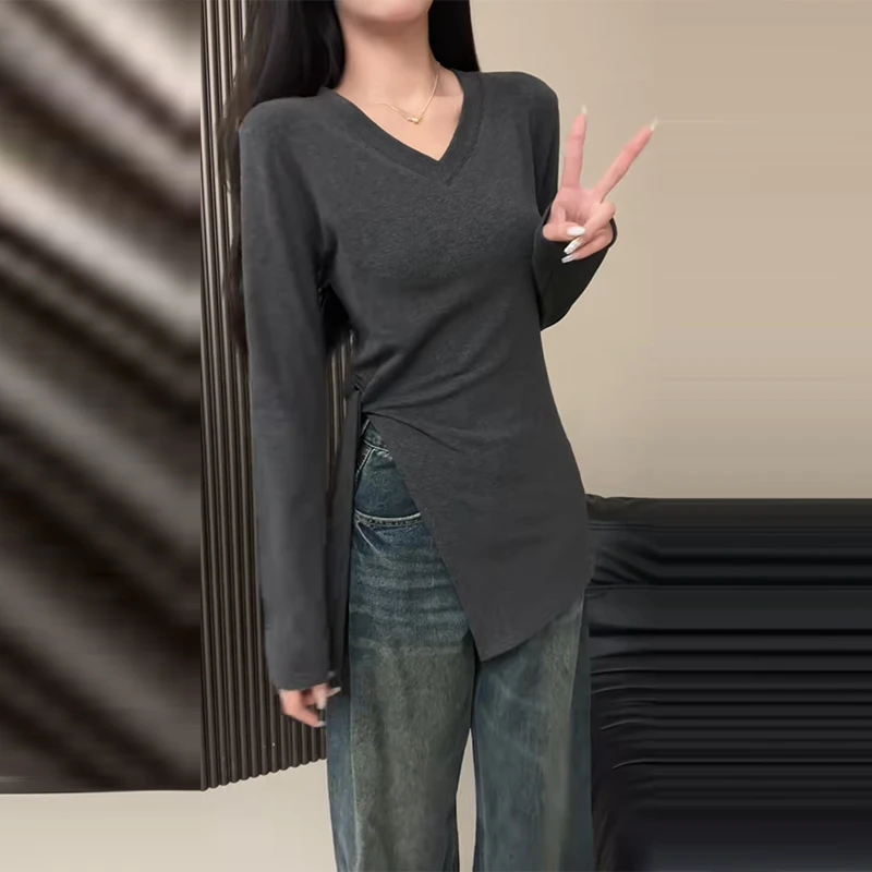 大码V领修身不规则开叉T恤女秋季胖mm显瘦设计感小众打底衫上衣