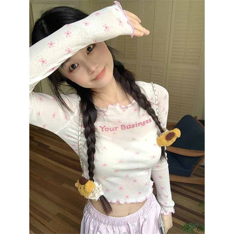甜辣妹印花长袖T恤女秋季薄款防晒罩衫设计感小众短款木耳边上衣