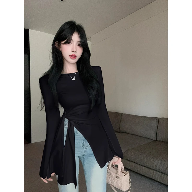 大码V领修身显瘦不规则开叉T恤女2024秋季新款黑色长袖打底衫上衣