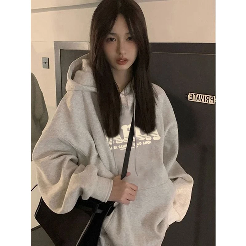 慵懒风美式复古秋冬加绒加厚高级感连帽卫衣女小众oversize外套潮