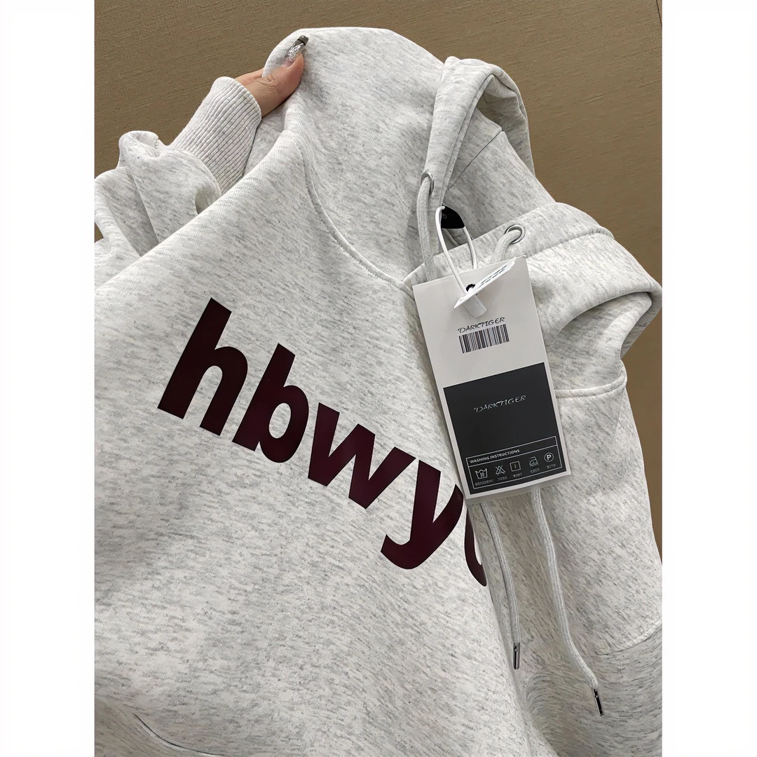 14美式白灰色连帽卫衣女秋冬加绒加厚2024新款爆字母百搭情侣卫衣