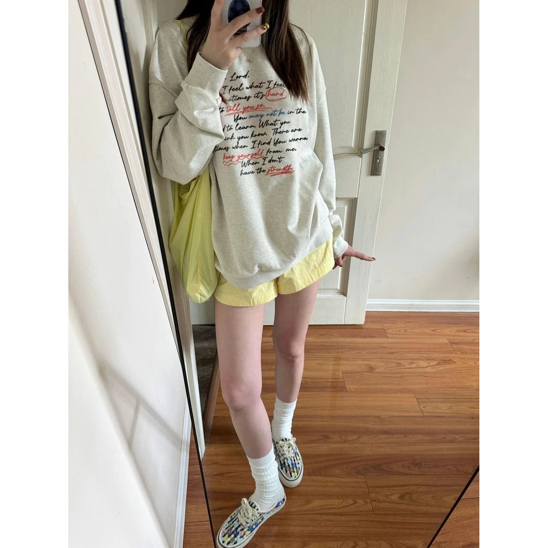 美式复古灰色圆领无帽加绒卫衣女2024新款爆款秋冬宽松正肩卫衣