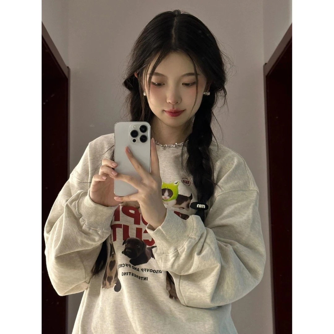 花灰色圆领2024新款爆款秋冬无帽oversize卫衣加绒加厚女冬季上衣