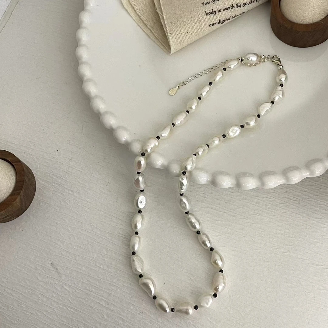 链子925银仿珍珠 大甜甜黑色尖石晶是淡水珍珠项链