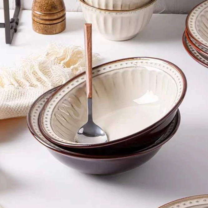 利利家简约浮雕8英寸面碗复古家用两只一组活动价