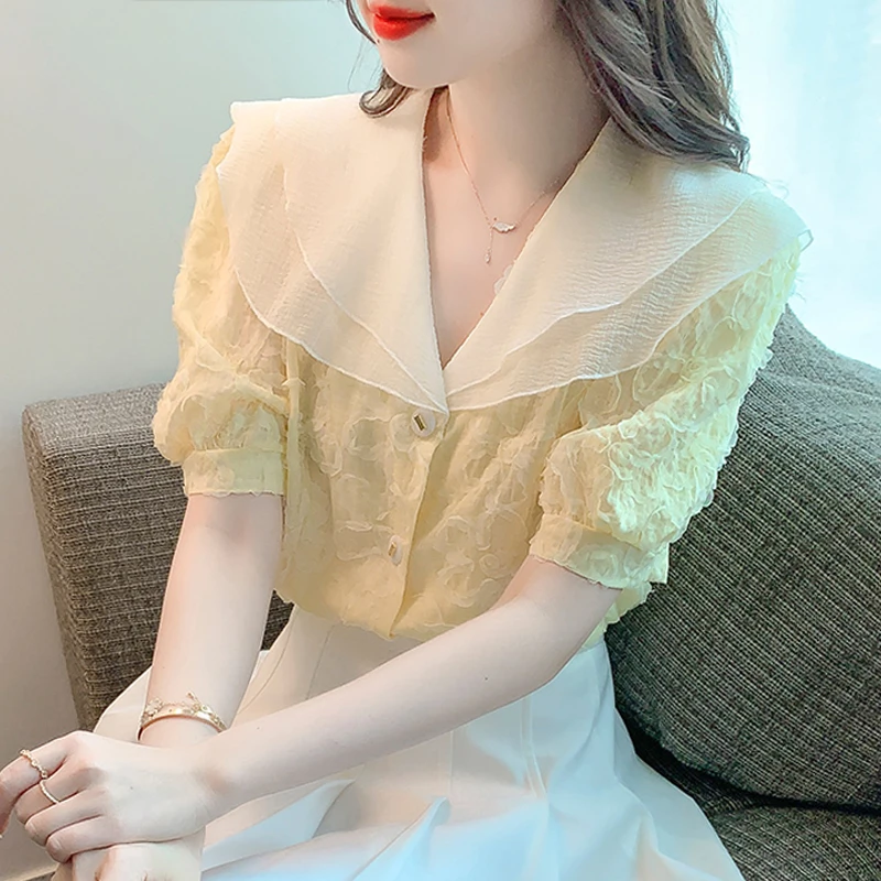 法式娃娃领雪纺衬衫女2025夏季新款爆款别致漂亮小衫泡泡短袖上衣