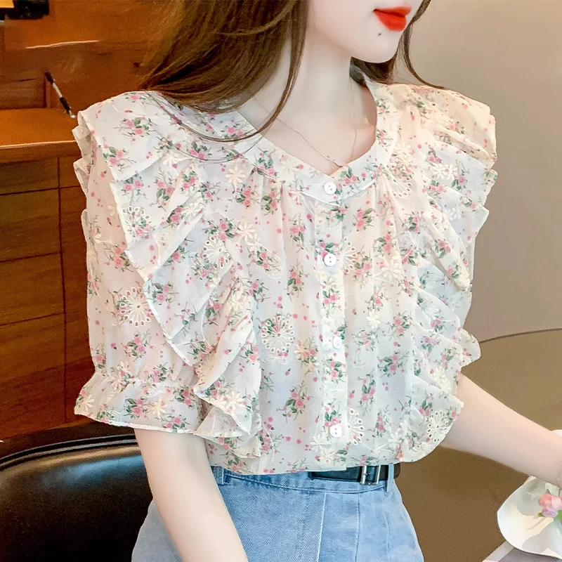 荷叶边碎花雪纺衬衫女夏季2025新款甜美气质短袖衬衣宽松显瘦上衣