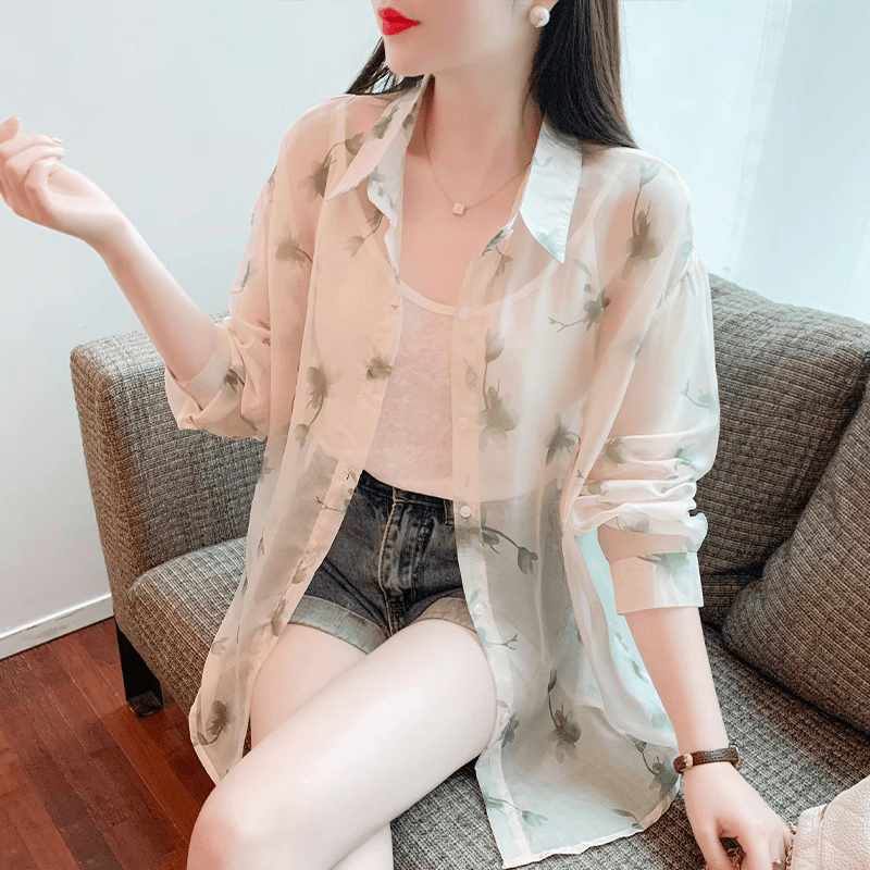印花雪纺防晒衬衫女夏季2023年新款设计感宽松外搭罩衫薄款空调衫