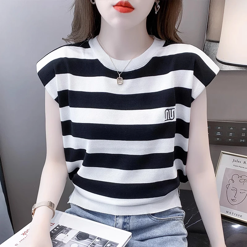 条纹小飞袖T恤女夏装2023新款高级感时尚洋气体恤衫宽松无袖上衣