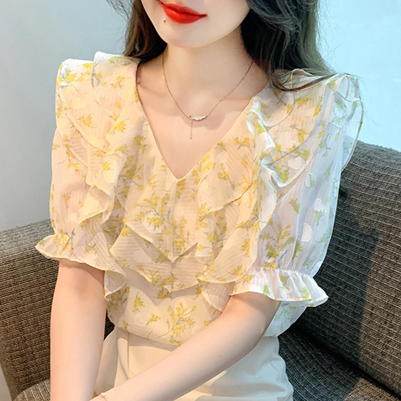 法式碎花短袖雪纺衫女夏季2025新款时尚洋气漂亮小衫甜美气质上衣