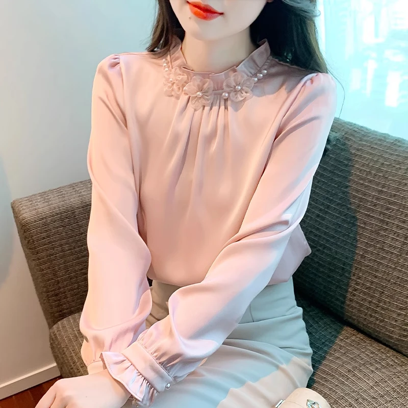 法式立领雪纺衫女长袖2025秋装新款别致漂亮小衫小香风打底衫上衣