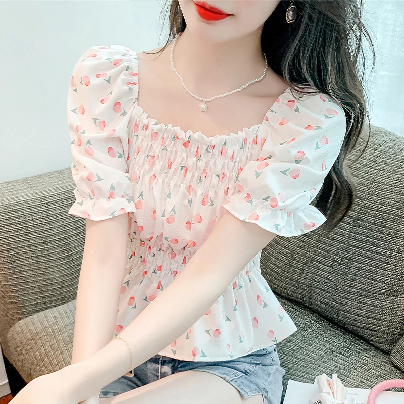 减龄短袖雪纺衫女夏季2025新款短款卡腰洋气小衫法式方领碎花上衣