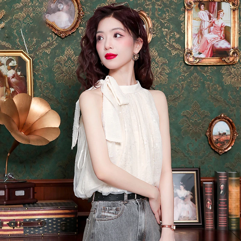 亮片拼接网纱挂脖吊带背心女装夏季新款蝴蝶结系带露肩雪纺衫上衣