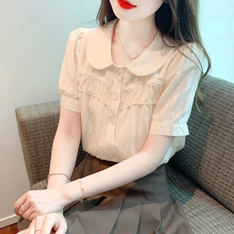 娃娃领短袖雪纺衬衫女装2025年夏季新款泡泡袖小衫设计感小众上衣