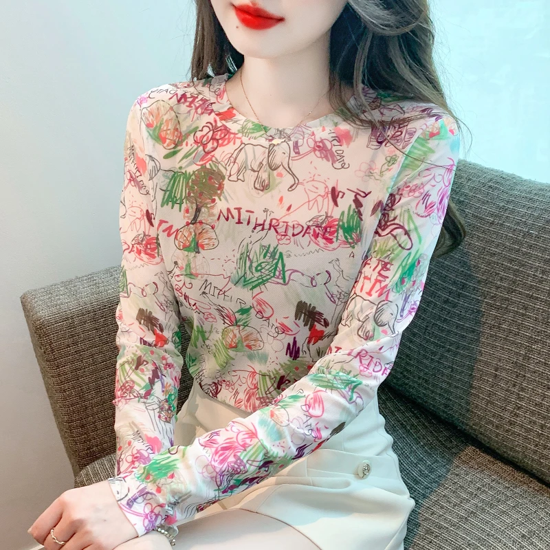 网纱长袖t恤女秋季2025新款洋气印花薄款打底衫内搭叠穿小衫上衣