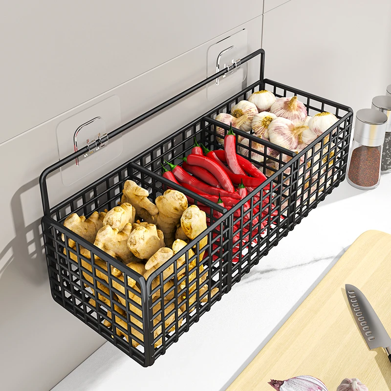 葱姜蒜厨房置物架壁挂式收纳盒调料罐家用免打孔挂篮整理盒收纳筐