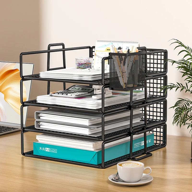 桌面文件架办公桌置物架A3A4书桌资料档案整理架奶油风金属书立架