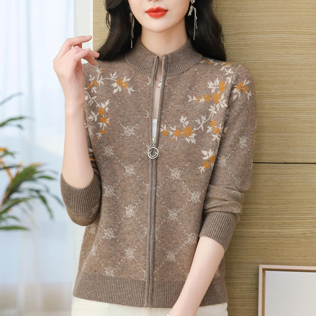 春秋季拉链羊绒衫开衫中年妈妈女士洋气羊毛衫毛衣外套