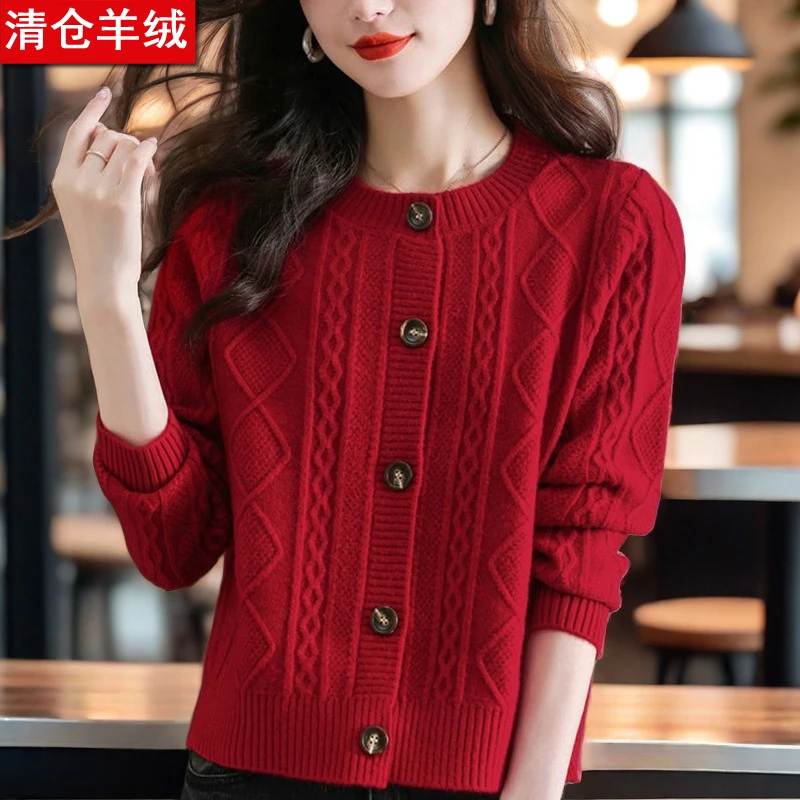 纯100羊绒衫春秋中年妈妈女士开衫毛衣2025新款外搭圆领针织外套