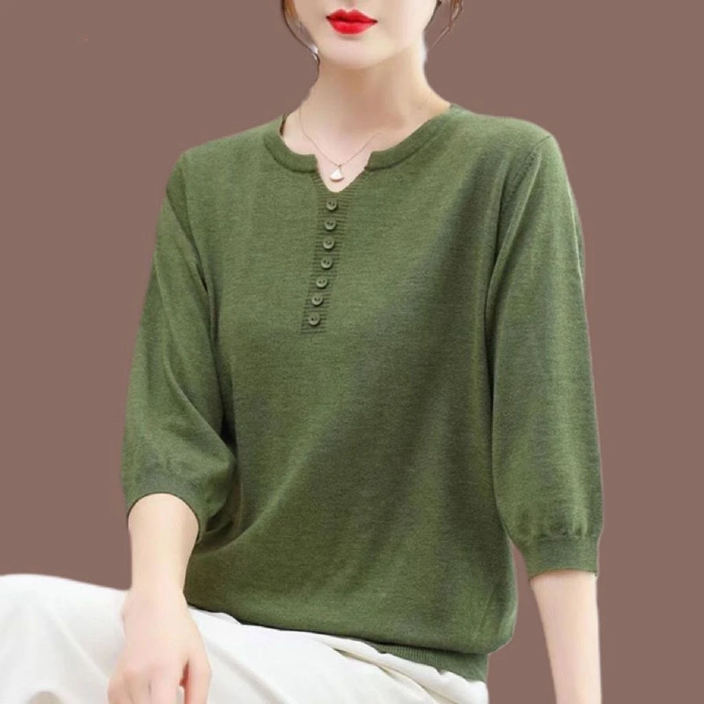 外贸原单意大利大牌女装欧货夏季冰丝短袖t恤女上衣七分袖针织衫