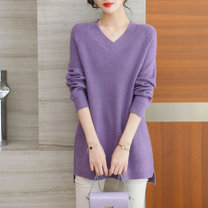 外贸原单意大利女装清仓欧货中长款毛衣女V领纯色上衣洋气针织衫