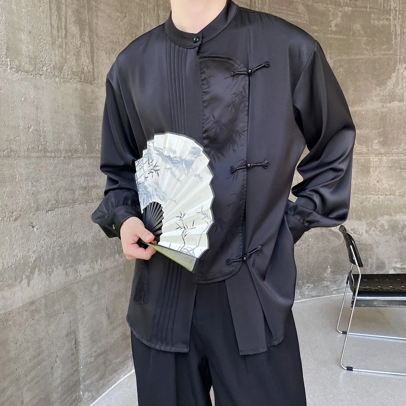 中国风缎面提花盘扣立领长袖衬衫男春秋新中式高级感禅意衬衣外套