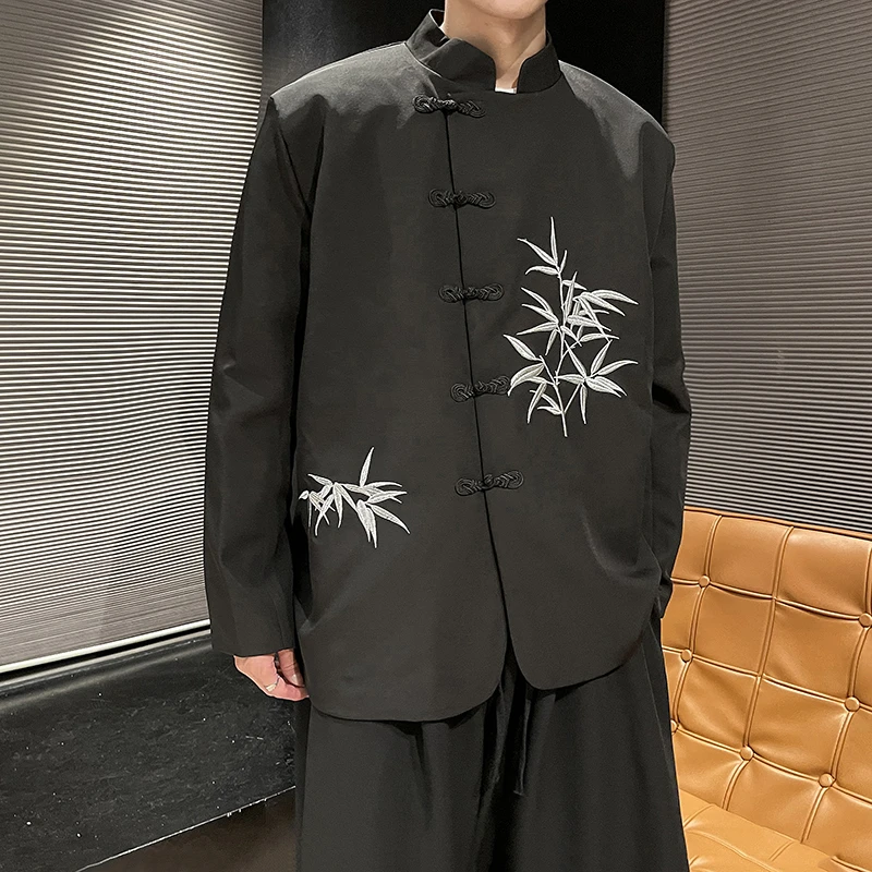 中国风竹叶刺绣盘扣中山装西服外套男款春秋高级感新中式西装夹克