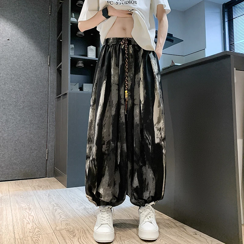 水墨画阔腿裤男春秋薄款大码垂感中国风宽松直筒扎染冰丝休闲裤子