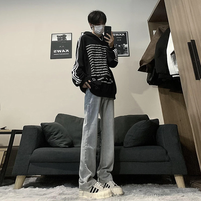 高街美式vibe加绒微喇水洗牛仔裤男秋冬潮牌痞帅大码修身直筒裤子