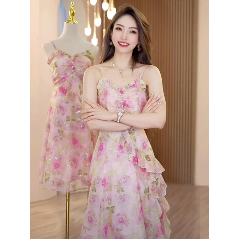 【现货福利】蕾丝印花吊带连衣裙显年轻漂亮时尚女装OHVSG06118