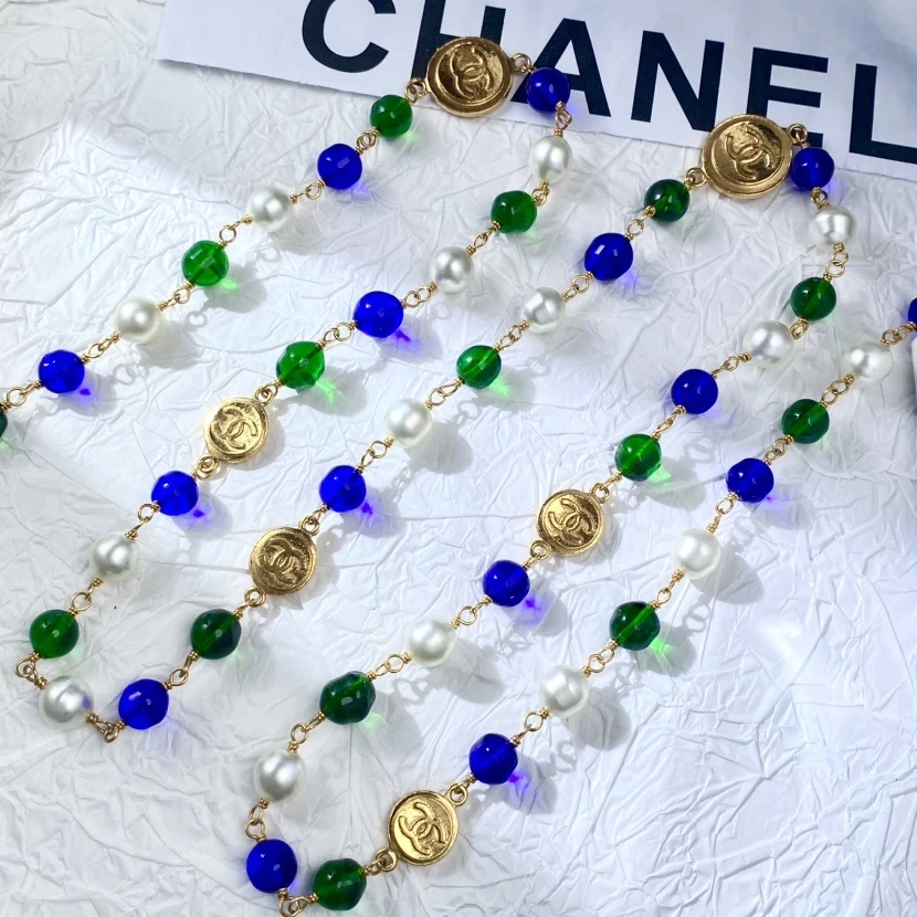 95新 Chanel/香奈儿 中古蓝绿琉璃珍珠双C金币项链/MJ41137