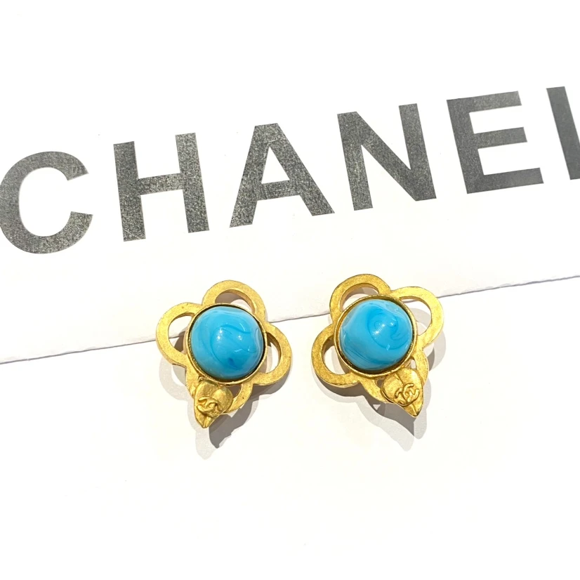 95新 Chanel/香奈儿 中古双C蓝色彩釉琉璃耳夹/EJ410150